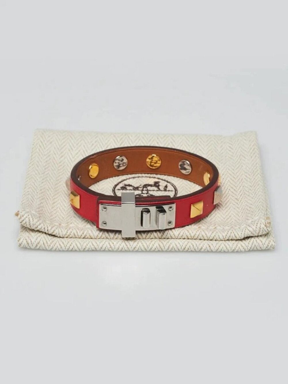 Hermes Rouge Tomate Swift Leather Mini Dog Clous Ronds Bracelet Size T2